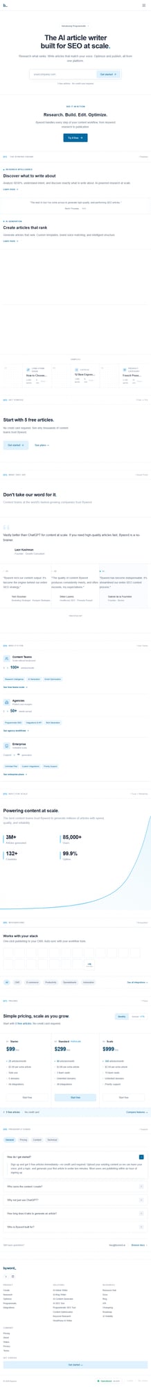 Byword pricing plans - Starter, Standard, and Scale tiers