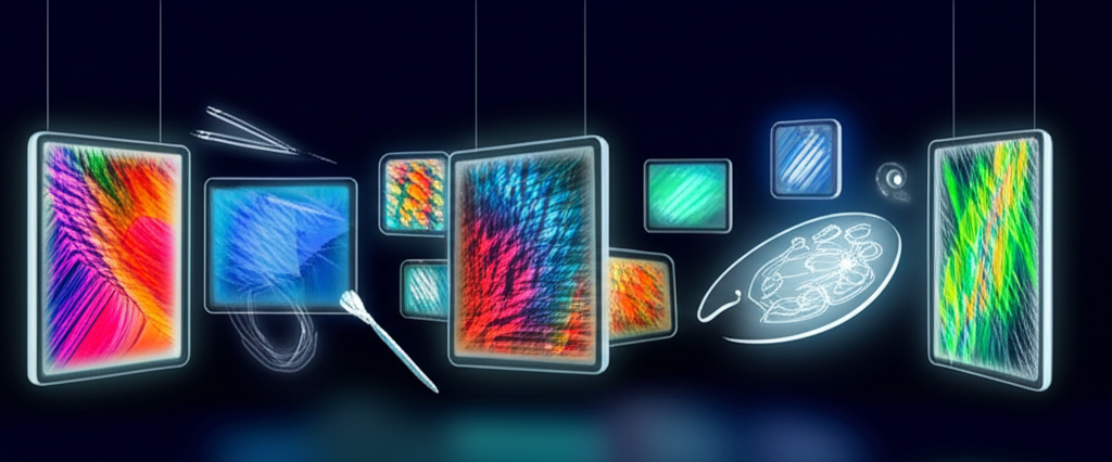 Creative AI digital art workspace with floating canvas frames