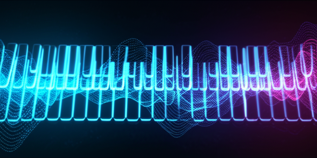 Abstract AI music production workspace with glowing digital elements