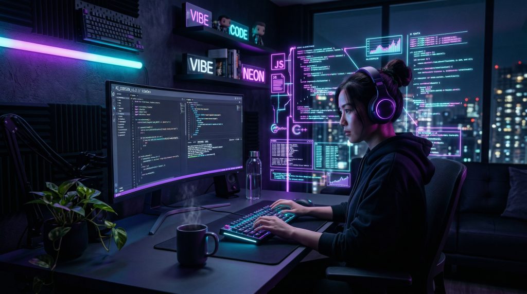 Best Vibe Coding Tools 2026 - Futuristic developer workspace with AI coding