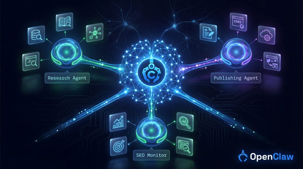 OpenClaw skills and sub-agents — autonomous AI workflow orchestration diagram 2026