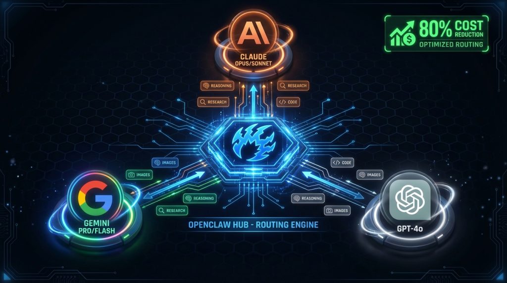OpenClaw multi-model routing — Claude, Gemini, and GPT running simultaneously in one AI platform